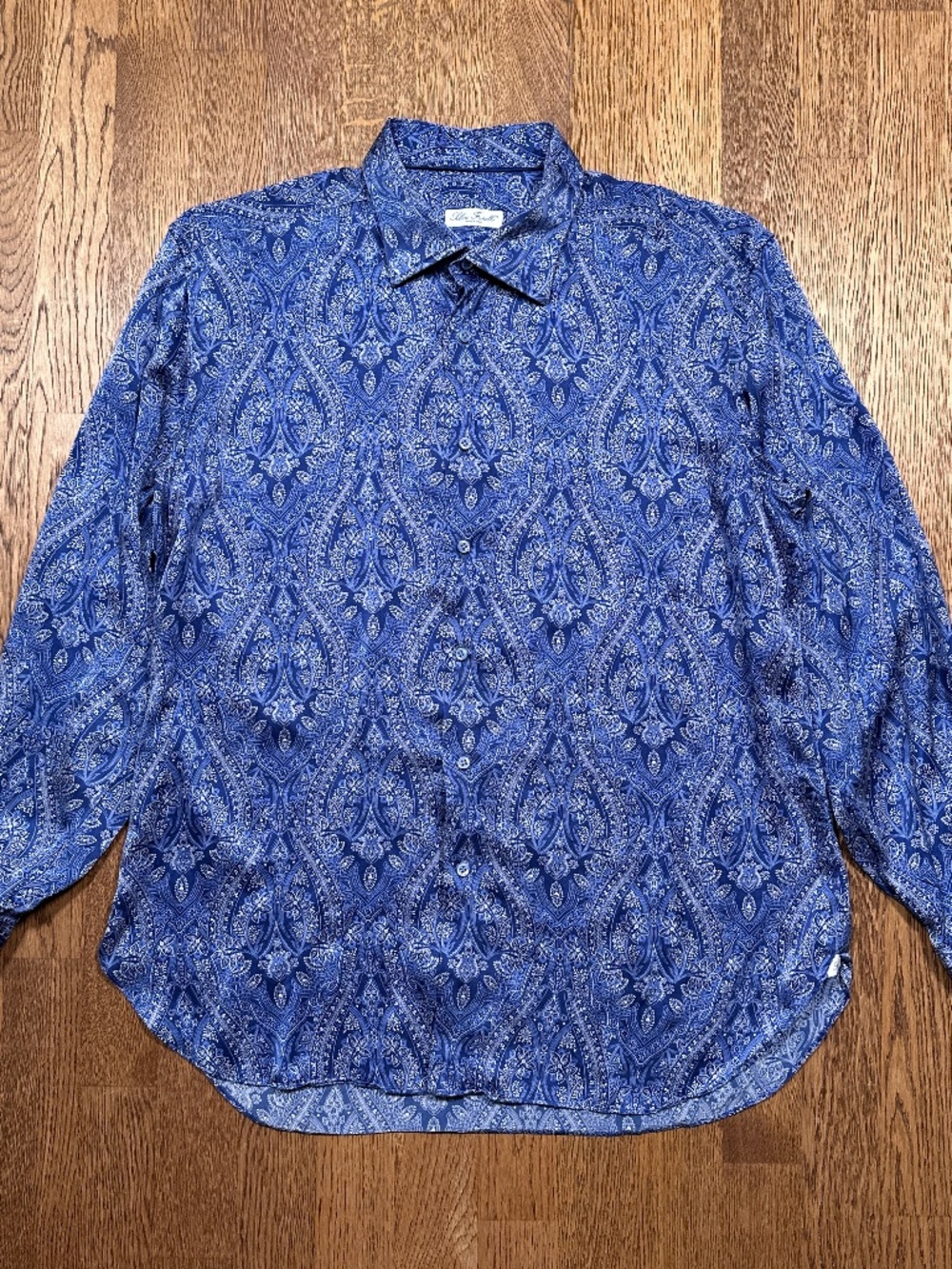 Silvio Fiorello Satin Silk Paisley Floral Blue L/S Button Shirt Mens 17.5 44
